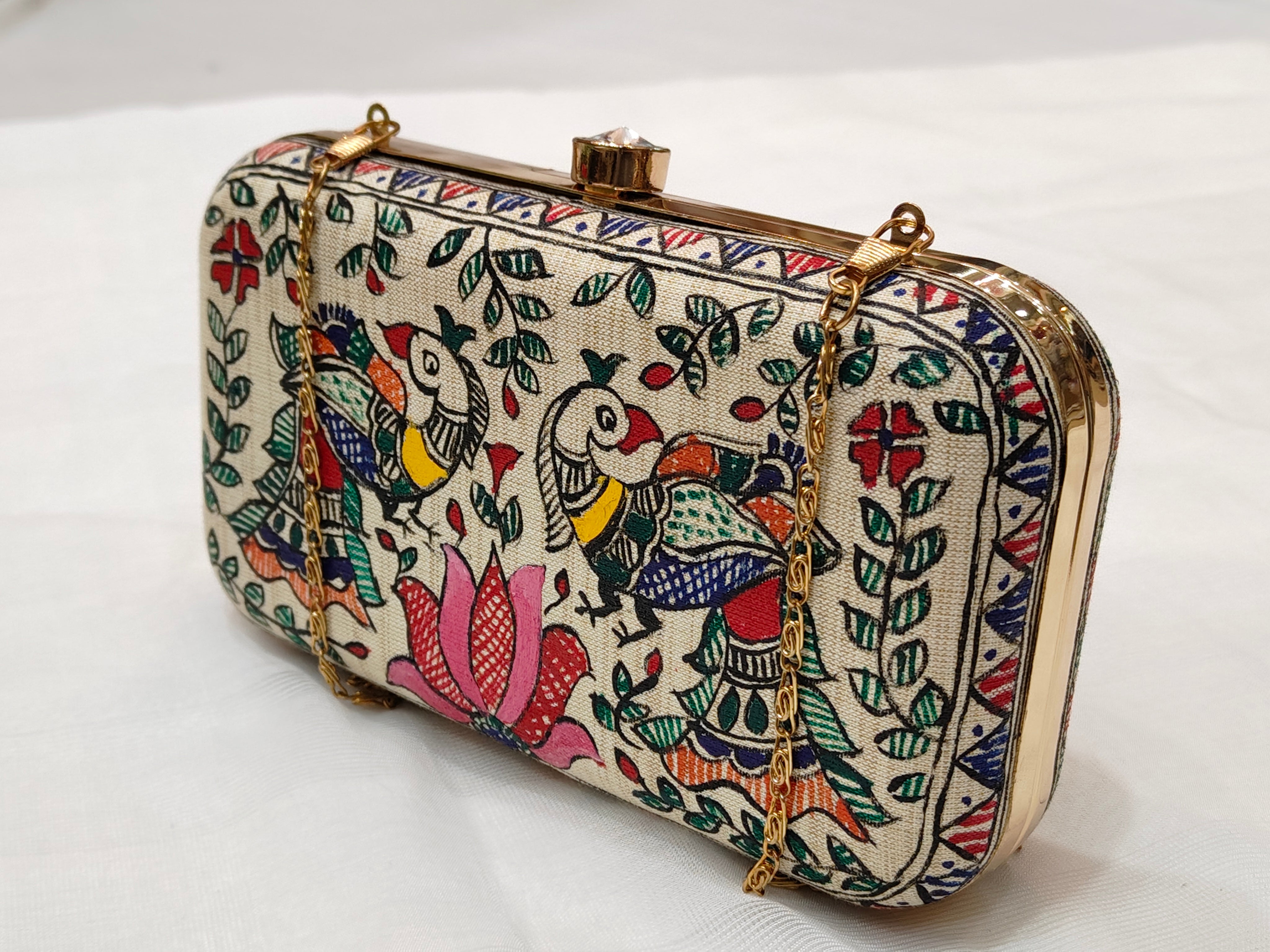 Handpainted Madhubani Silk Clutch – Doli Ka Haar & Peacock Design